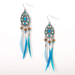 Silver 4&quot; Boho Feather Drop Earrings - Blue,