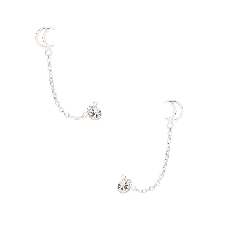 Sterling Silver Open Moon Connector Chain Stud Earrings | Claire's
