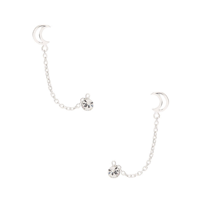 Sterling Silver Open Moon Connector Chain Stud Earrings,