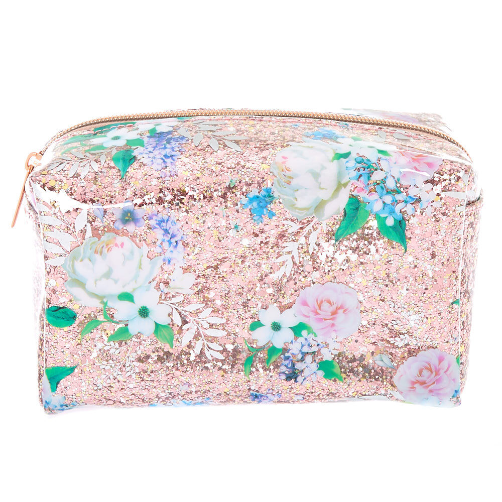 Glitter Floral Makeup Bag Pink