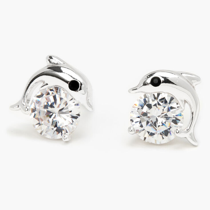 Silver Cubic Zirconia Dolphin Stud Earrings - 6MM,