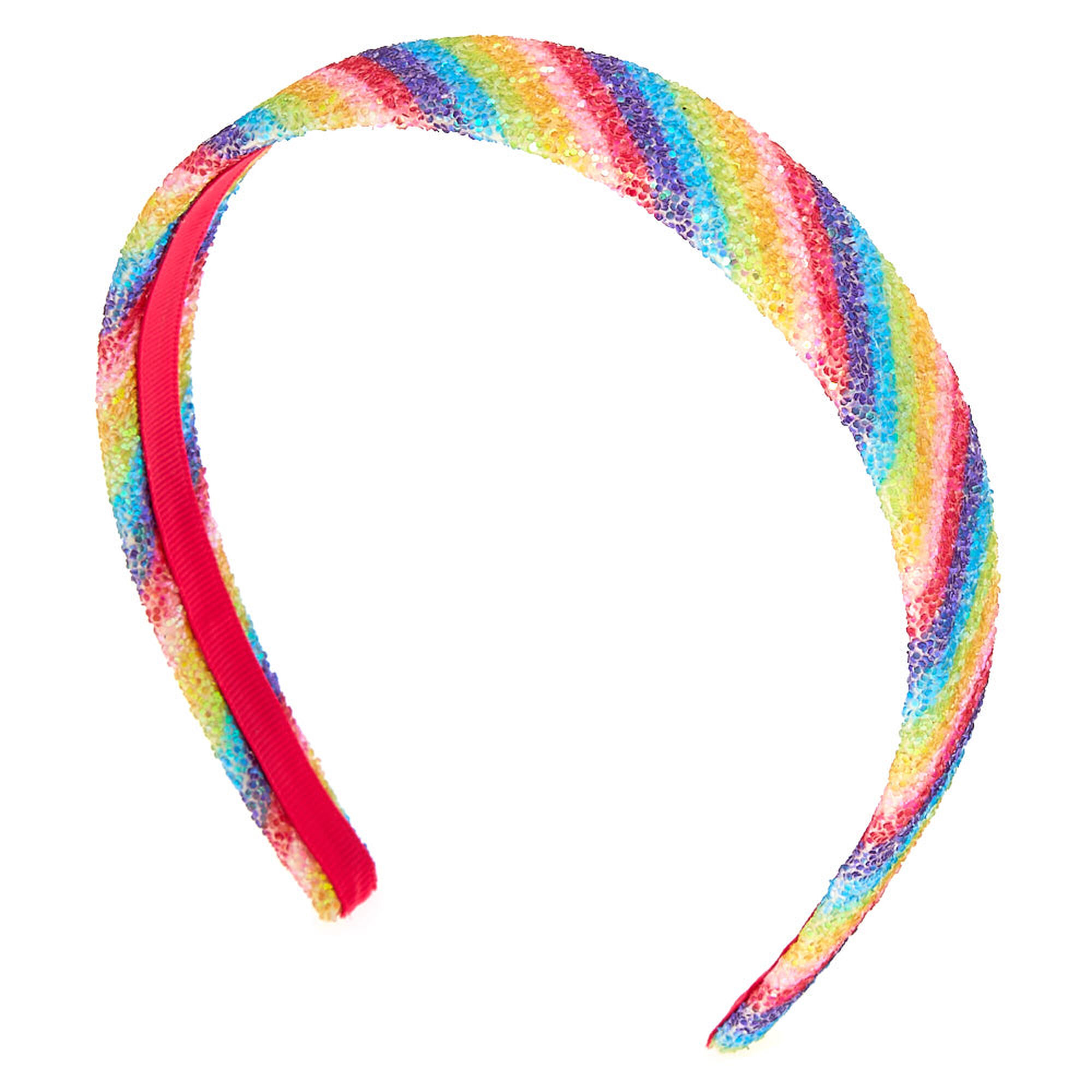 View Claires Rainbow Glitter Striped Headband Pink information