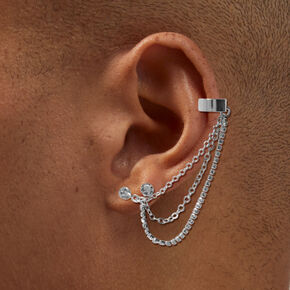 Silver-tone Cup Chain Ear Cuff Connector Earrings ,