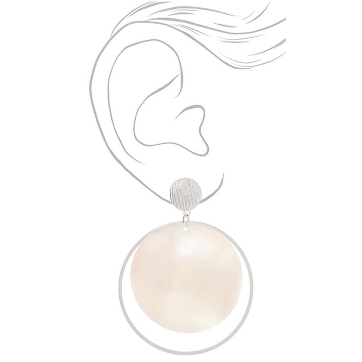 Silver 2.5&quot; Shell Disk Drop Earrings - White,
