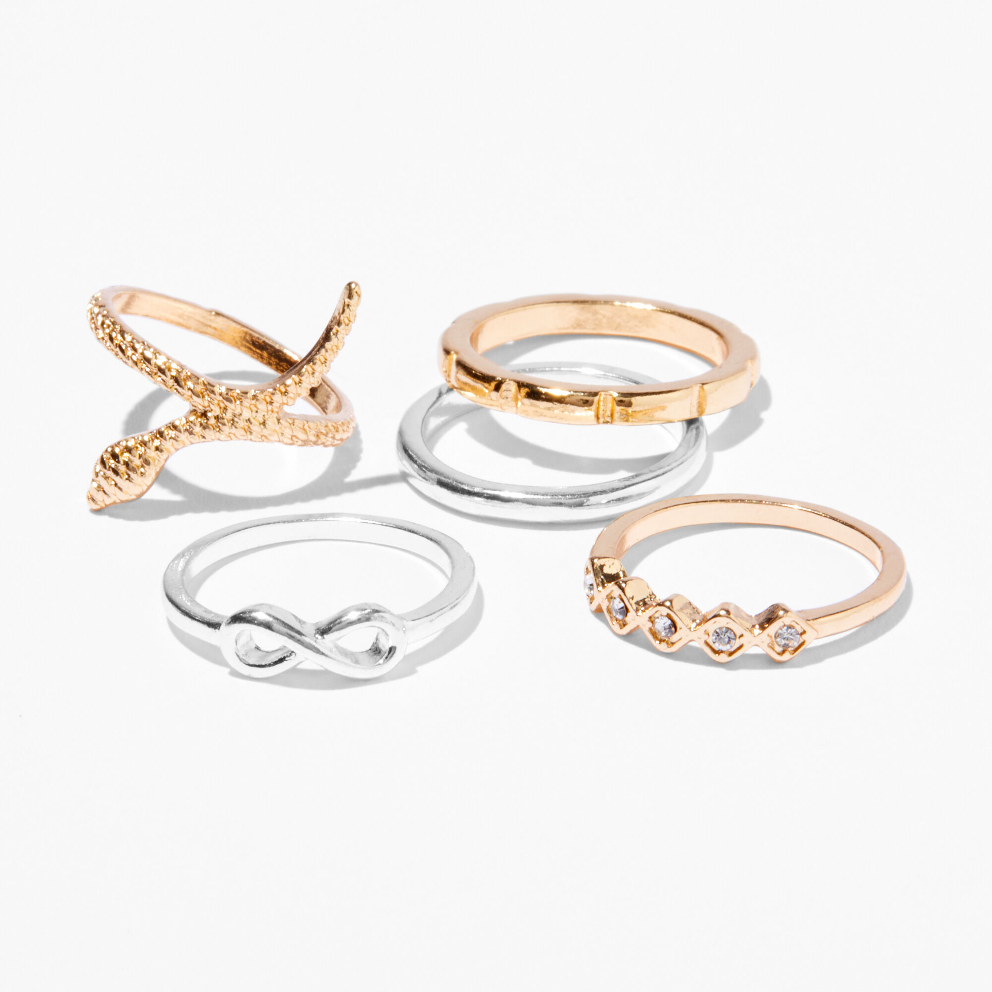 View Claires Mixed Metal Snake Infinity Rings 5 Pack Gold information