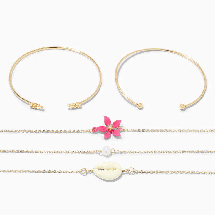 Gold-tone &amp; Pink Tropical Cuff &amp; Chain Bracelet Set - 5 Pack,