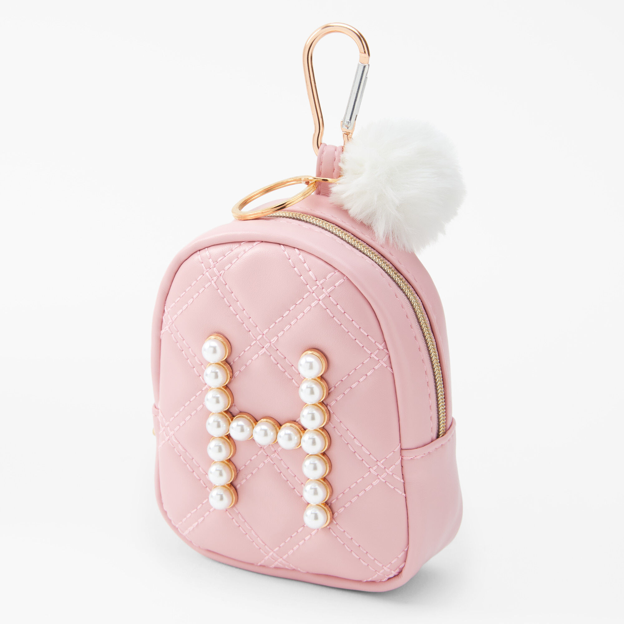 Claire's Porte-clés mini sac à dos perles d’imitation à initiale - Rose tendre, H