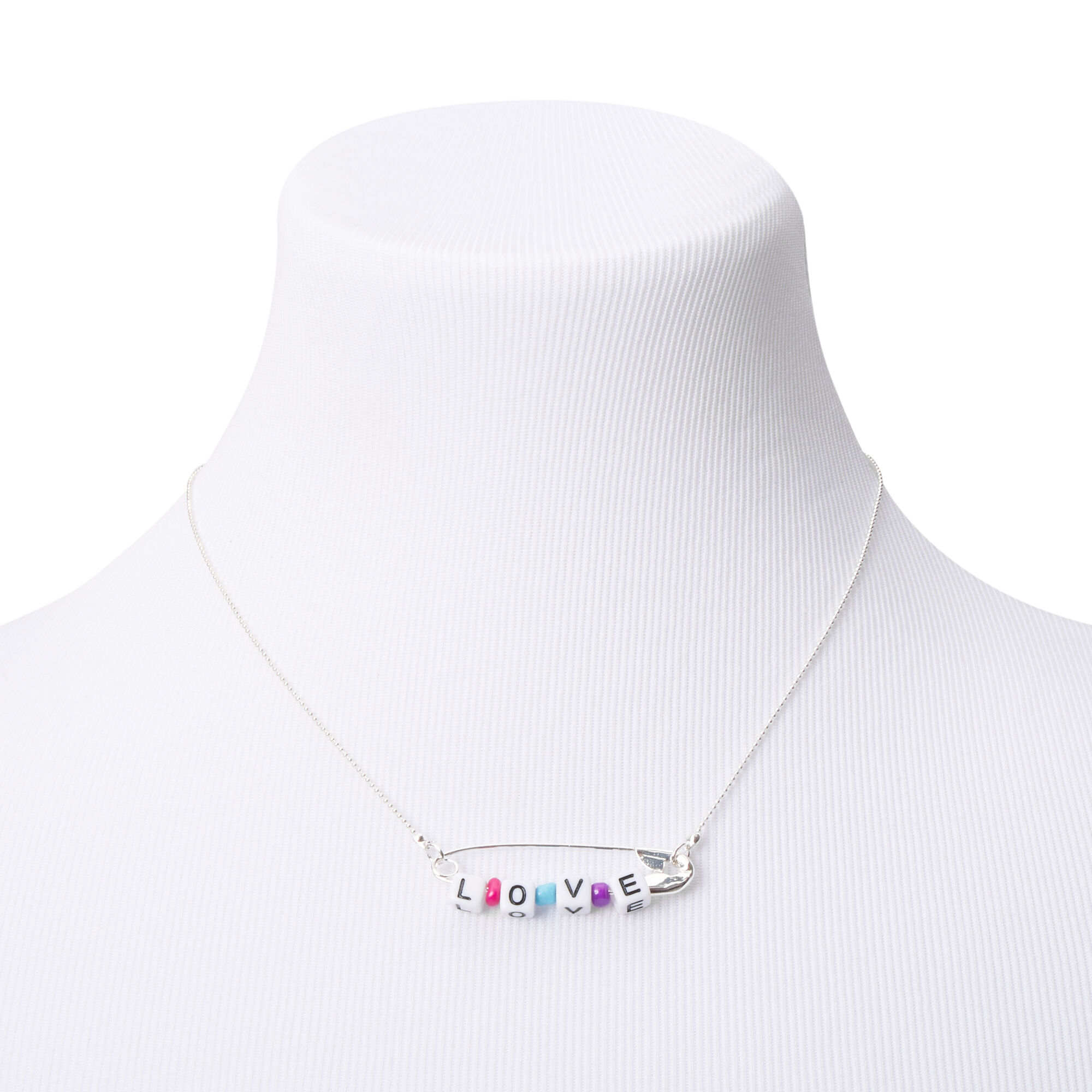 Silver Beaded Safety Pin Love Pendant Necklace,