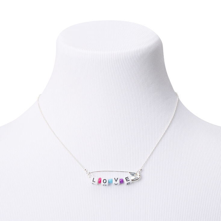Silver Beaded Safety Pin Love Pendant Necklace,