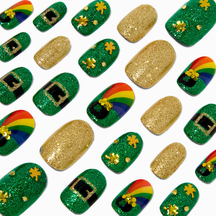 St. Patrick&#39;s Day Rainbows Round Press On Faux Nail Set - 24 Pack,