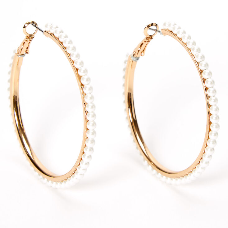 Gold 50MM Pearl Lined Hoop Earrings,