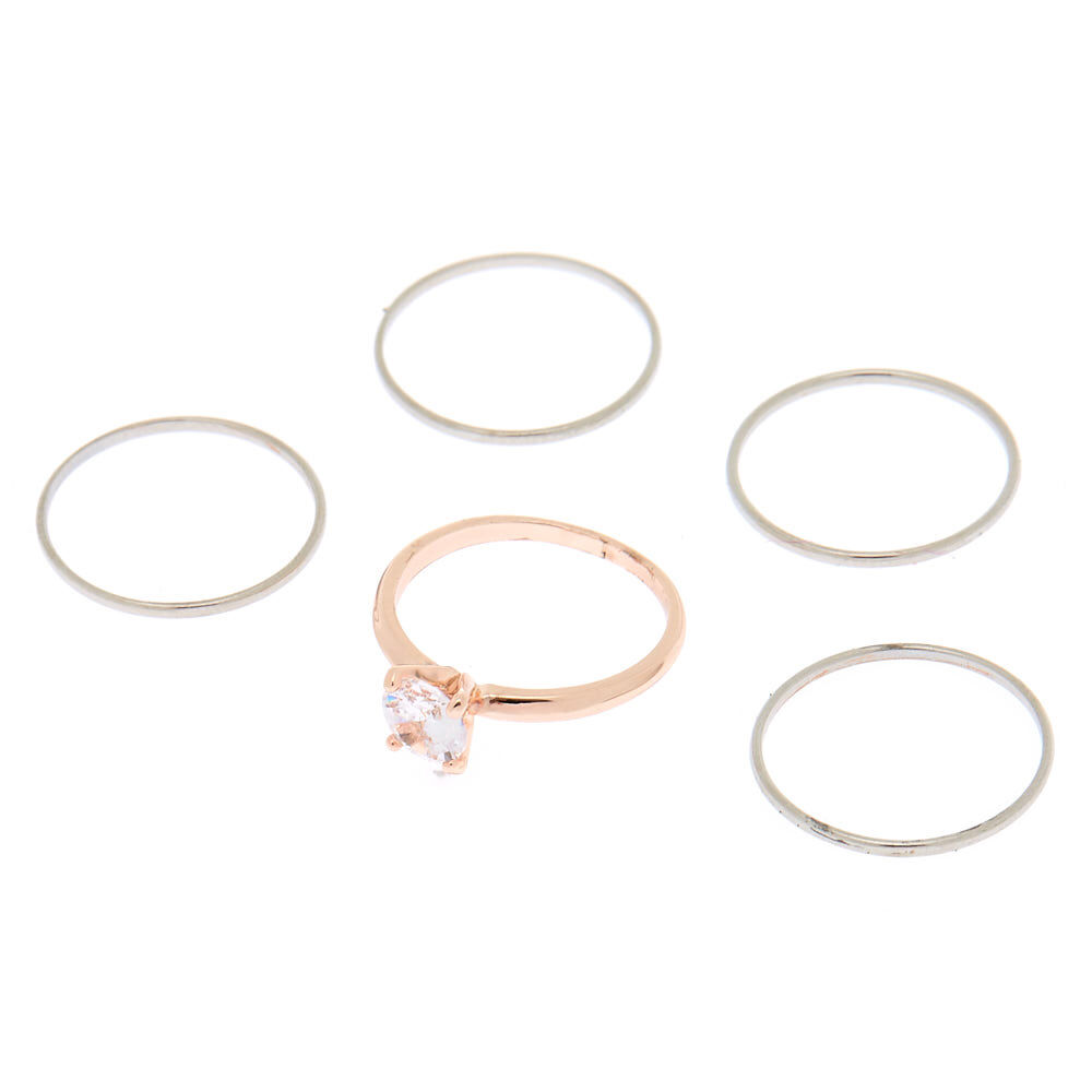 Mixed Metal Cubic Zirconia Rings - 5 Pack,