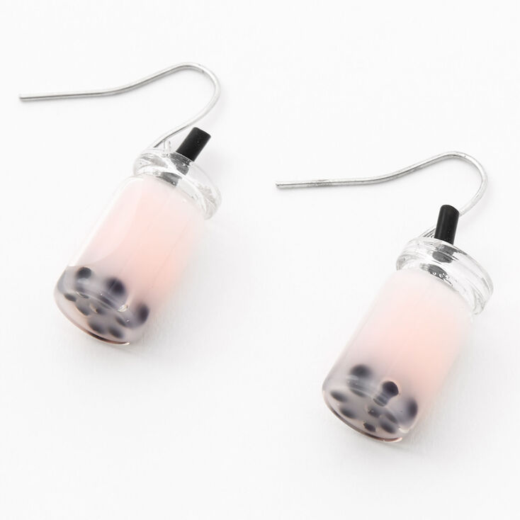 Silver 1&quot; Bubble Tea Drop Earrings - Light Pink,