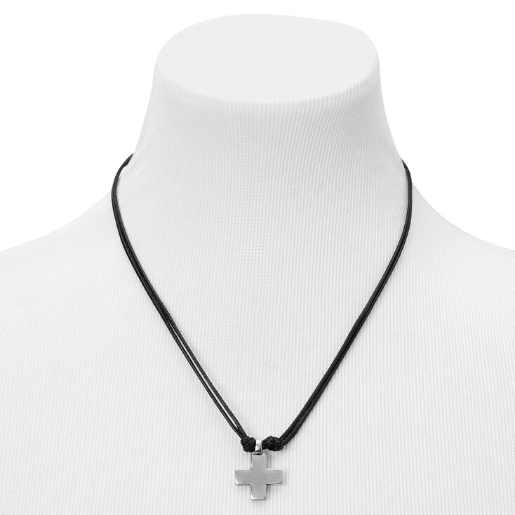 Rustic Silver Cross Pendant 18&quot; Black Cord Necklace,