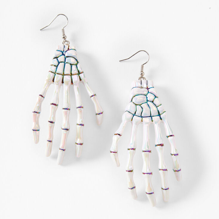 Silver  3.5&quot; Skeleton Hands Drop Earrings - White,