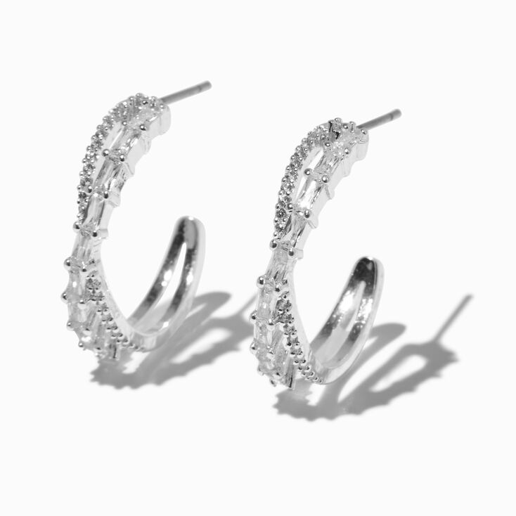 Silver-tone Cubic Zirconia 15mm Criss Cross Hoop Earrings,