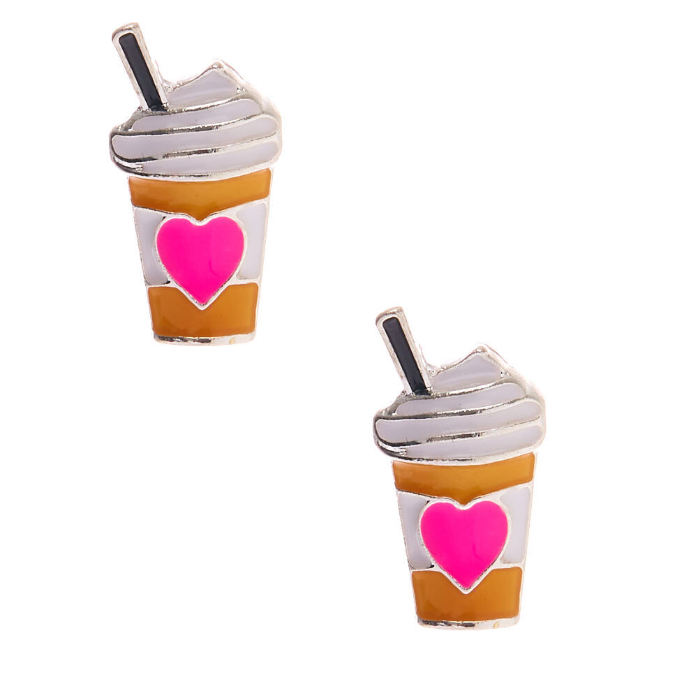 Silver Frappuccino Heart Stud Earrings,