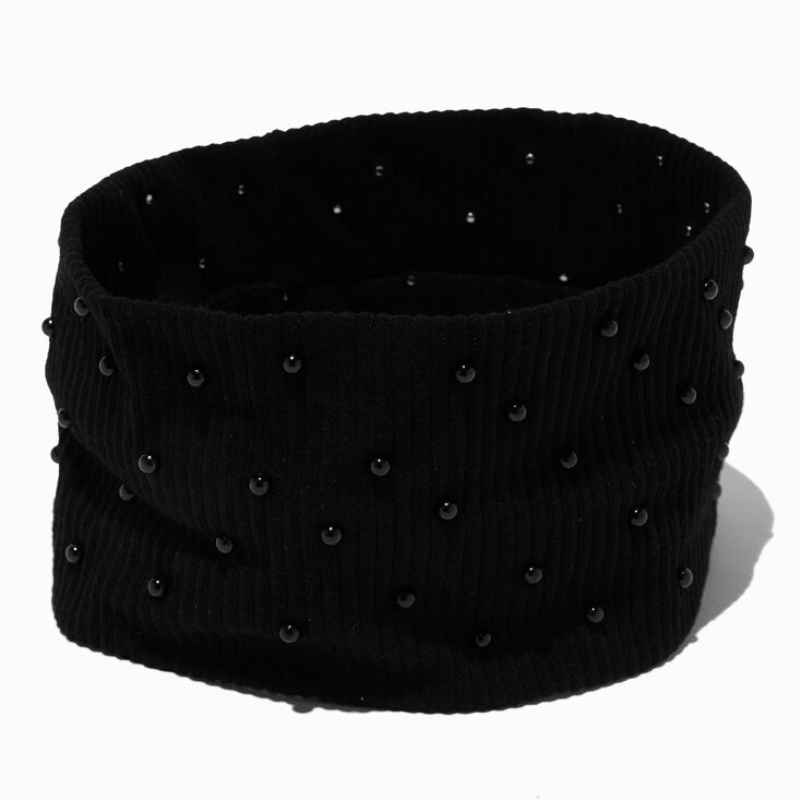 Bandeau fa&ccedil;on pull tricot&eacute; noir avec perles d&#39;imitation,