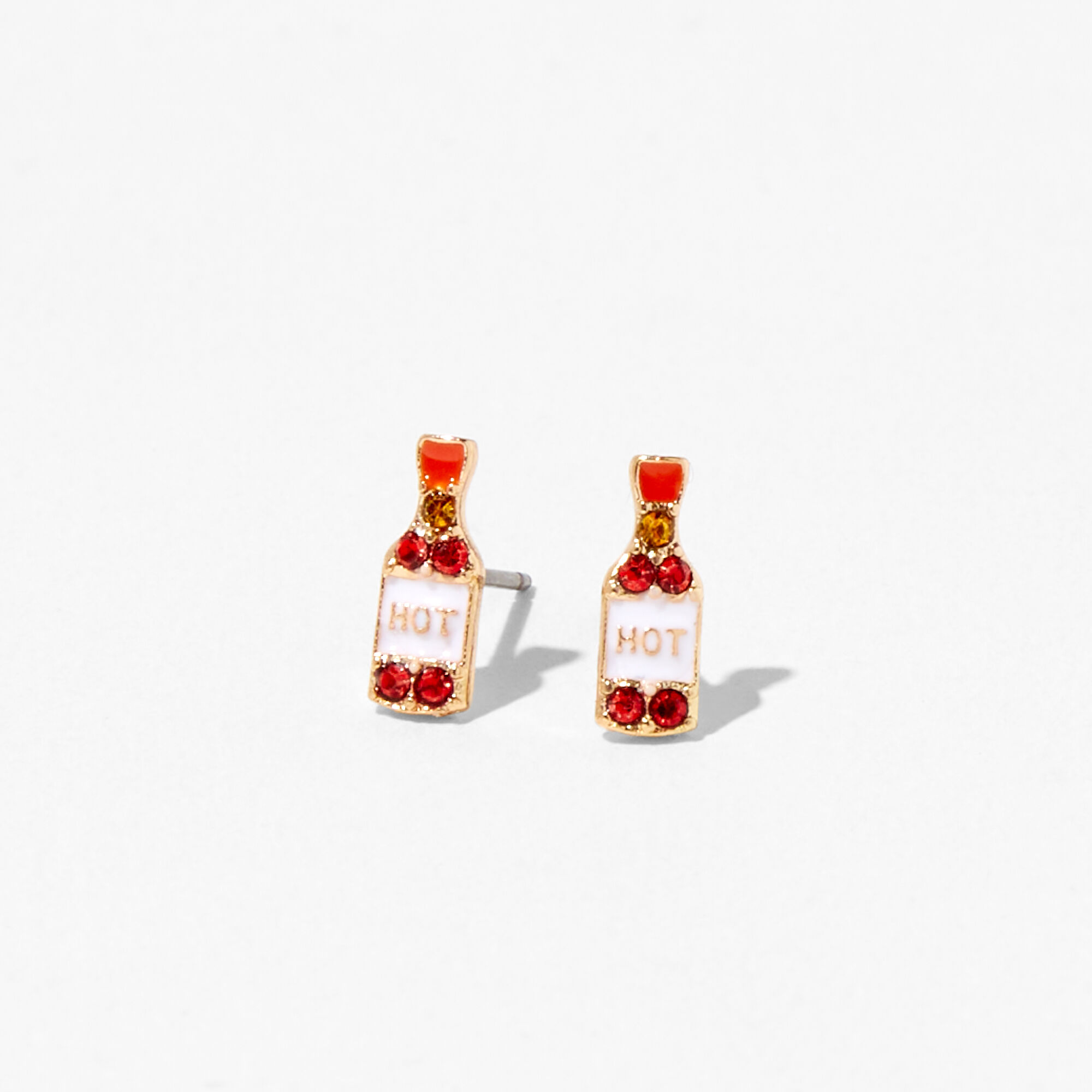 Red Embellished Hot Sauce Stud Earrings,
