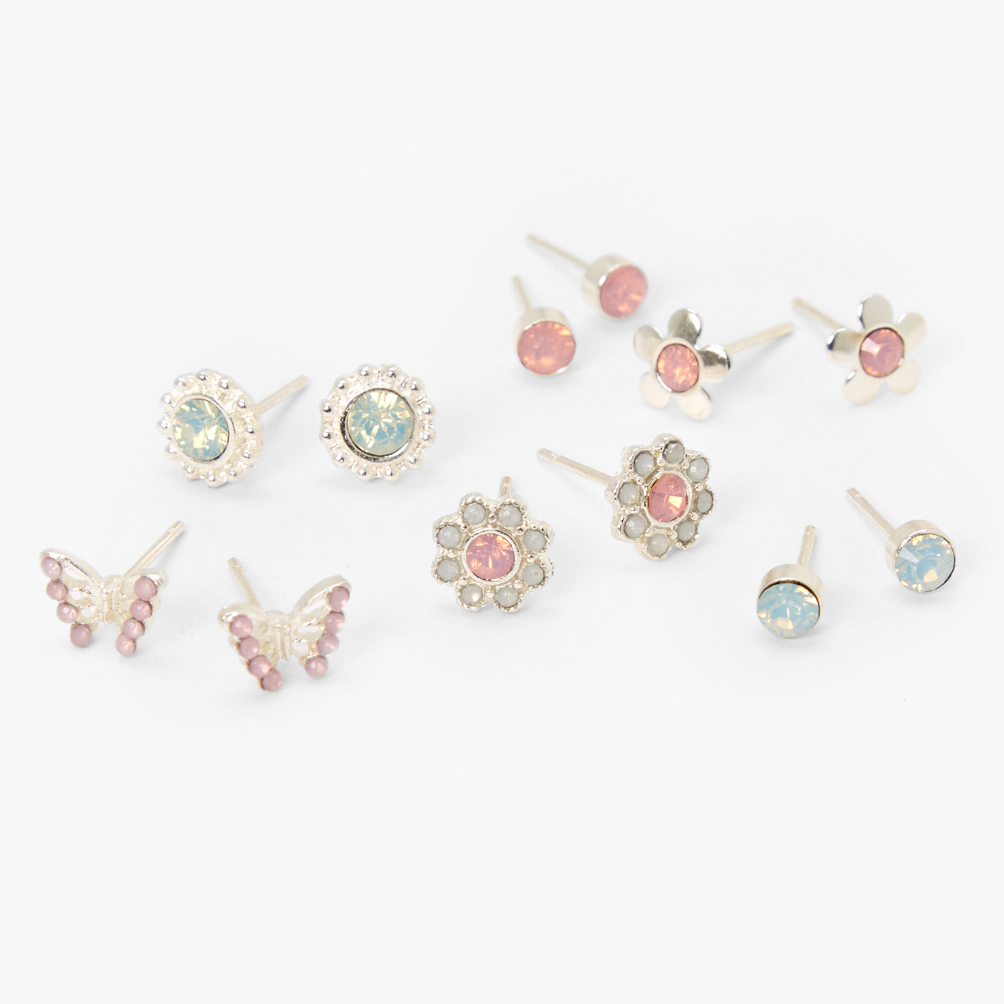 Silver Butterflies & Flowers Stud Earrings - Pink & Blue, 6 Pack,