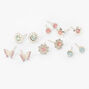 Silver Butterflies &amp; Flowers Stud Earrings - Pink &amp; Blue, 6 Pack,
