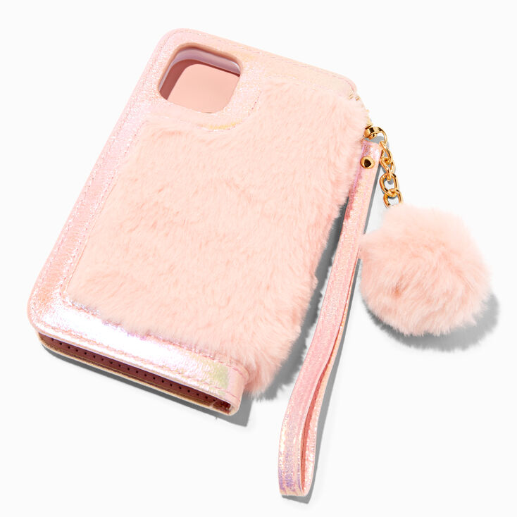 Coque de portable pochette poignet rose en fausse fourrure - Compatible avec iPhone&reg;&nbsp;12&nbsp;Pro,