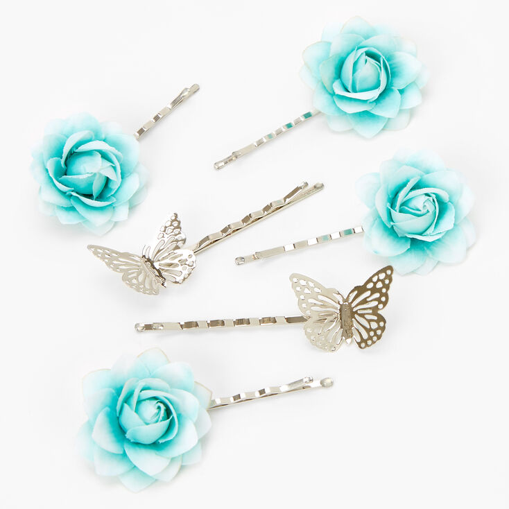 Épingles à cheveux à fleurs et papillons couleur argentée Vert menthe