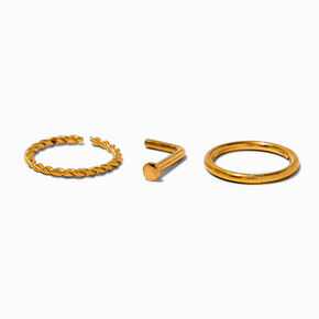 18G 18k Gold Plated Titanium 18G Nose Stud &amp; Mixed Hoops - 3 Pack,