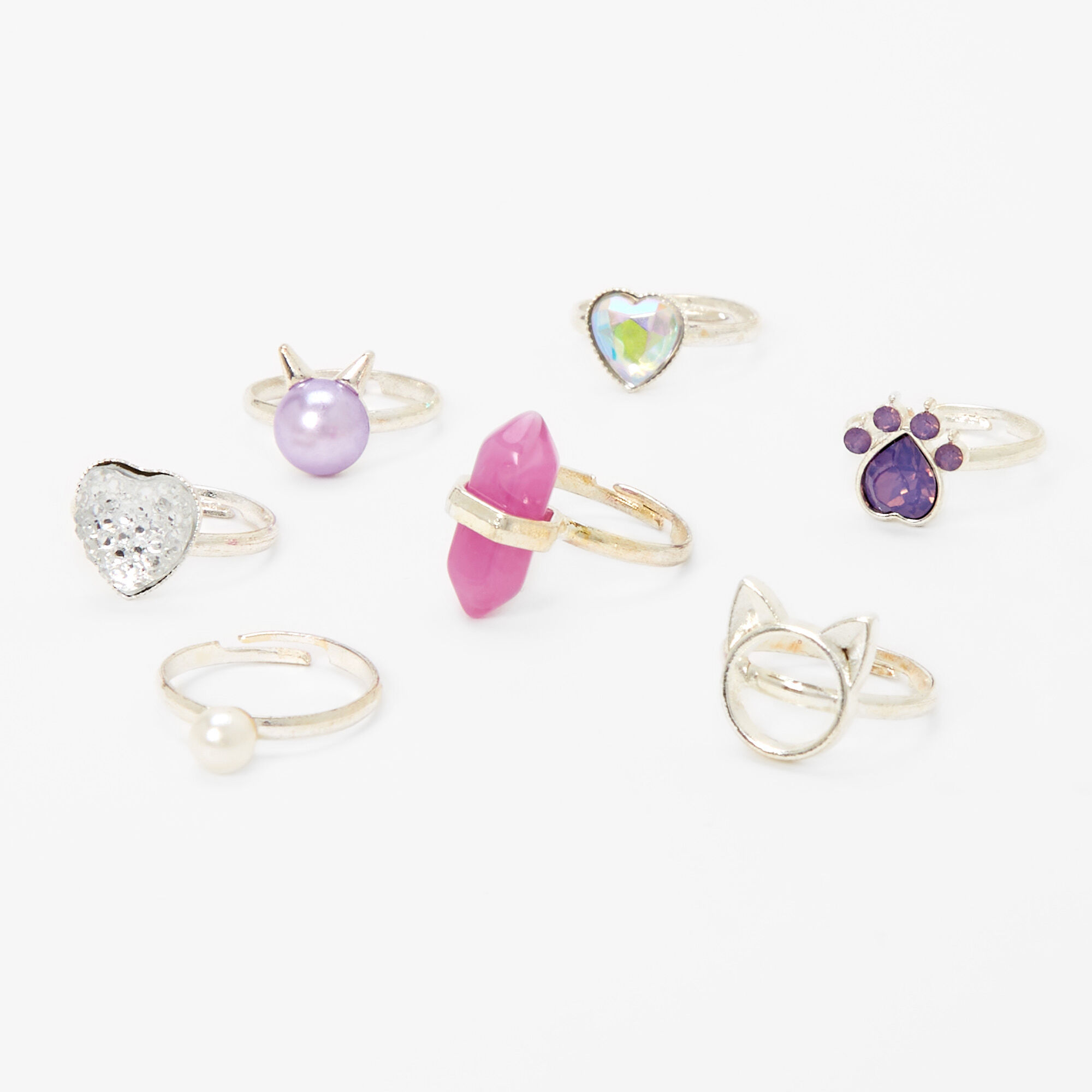 Claire's Club Adjustable Cat Rings - Lilac, 7 Pack,