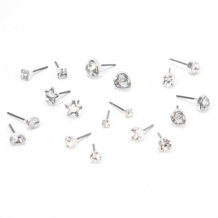 Silver Mixed Crystal Shape Stud Earrings - 9 Pack,