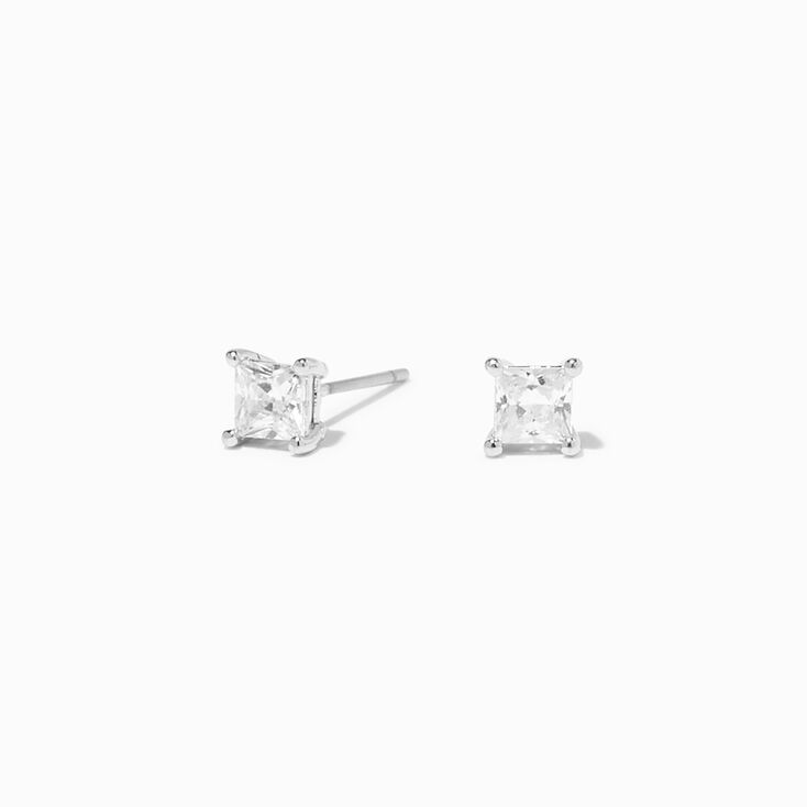 Silver-tone Cubic Zirconia 4MM Square Stud Earrings,