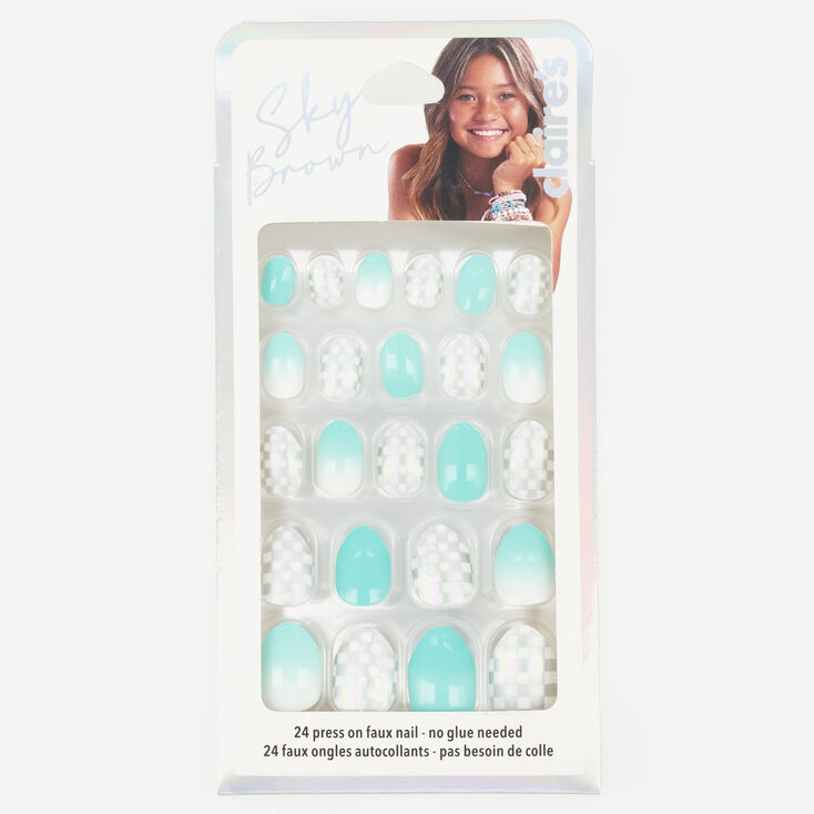Sky Brown&trade; Checkered Stiletto Faux Nail Set - Mint, 24 Pack,