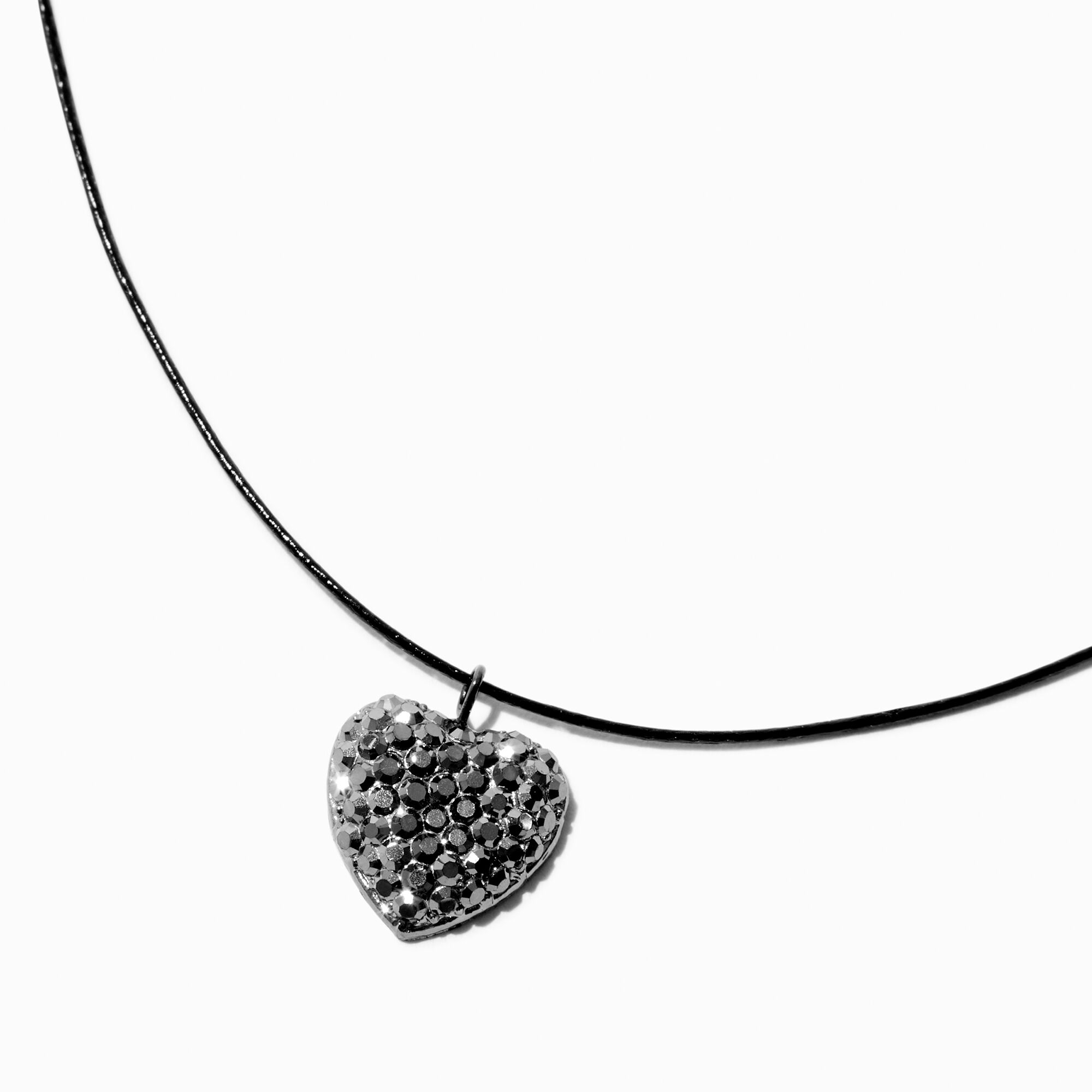 Hematite-tone Bedazzled Heart Cord Pendant Necklace,
