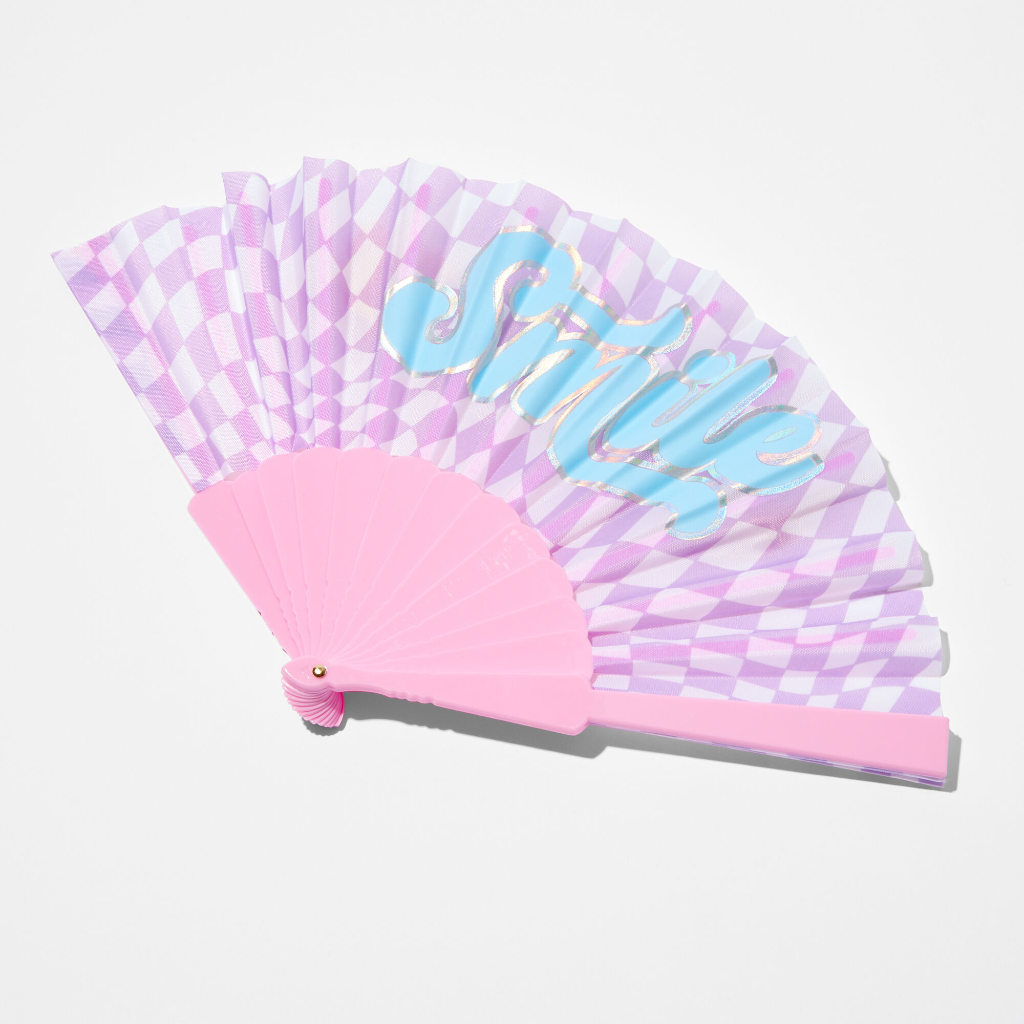 View Claires Smile Checkered Folding Fan Purple information