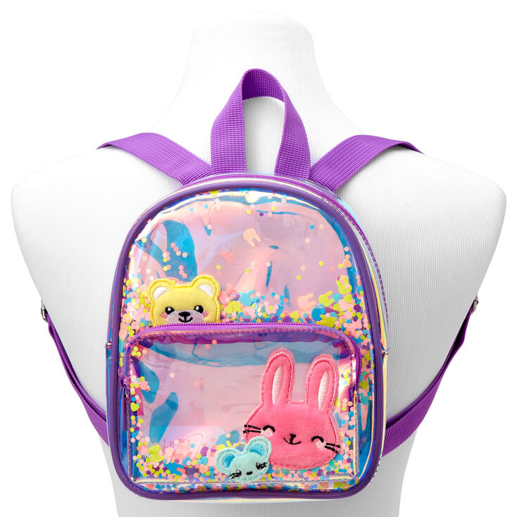 Claire&#39;s Club Purple Transparent Confetti Animal Pals Mini Backpack,