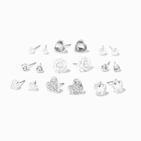Silver Crown Heart Rose Stud Earrings - 9 Pack,
