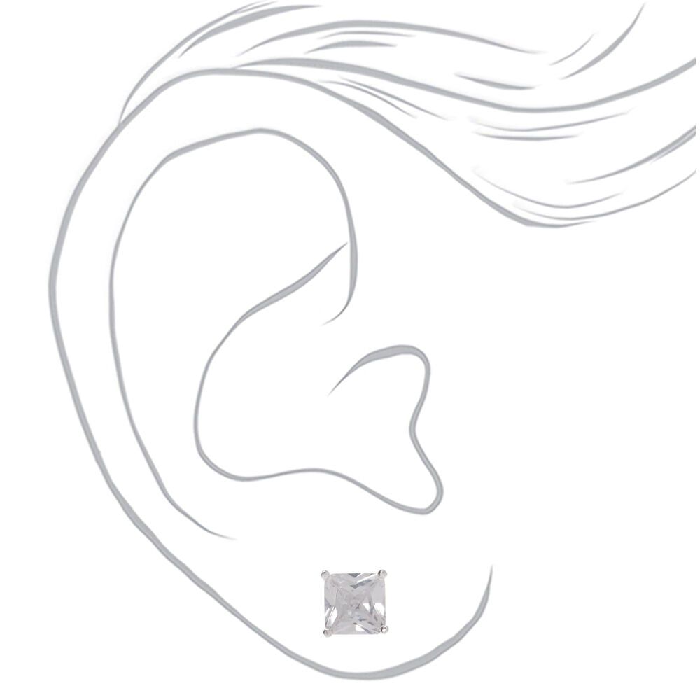 Sterling Silver Cubic Zirconia Square Stud Earrings - 7MM,