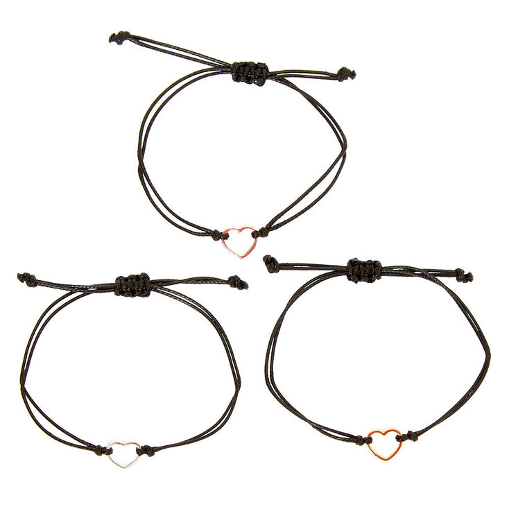 Mixed Metal Heart Adjustable Bracelets - Black, 3 Pack,