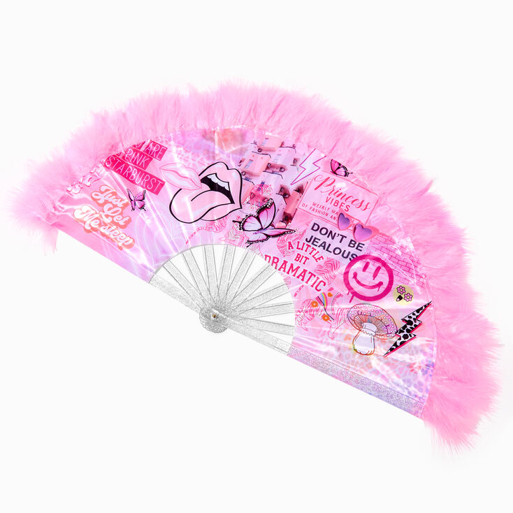 Princess Vibes Feather Trimmed Pink Folding Fan,