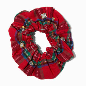 Red Plaid Crystal Embellished Hair Scrunchie,