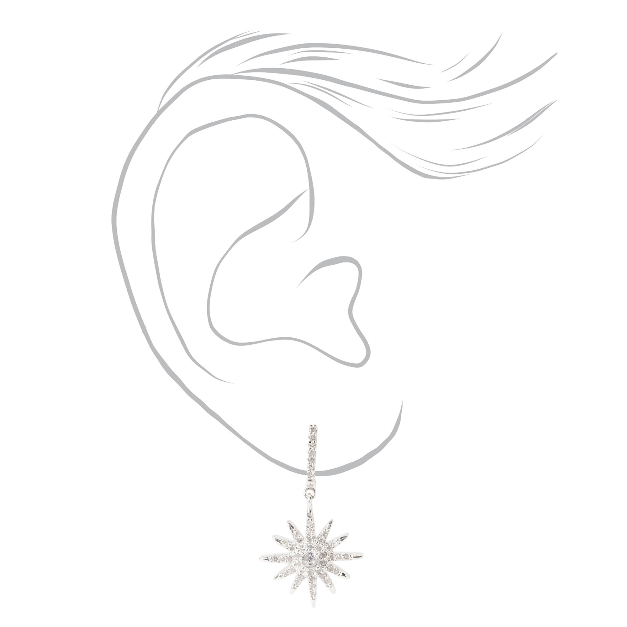 Silver 1" Cubic Zirconia Starburst Drop Earrings,