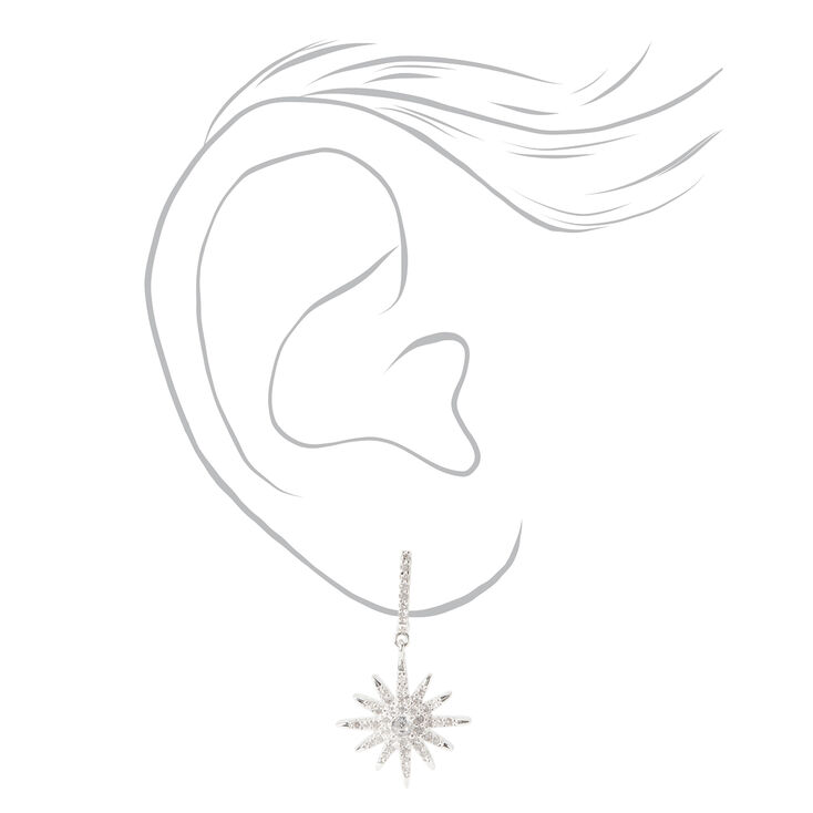 Silver 1&quot; Cubic Zirconia Starburst Drop Earrings,