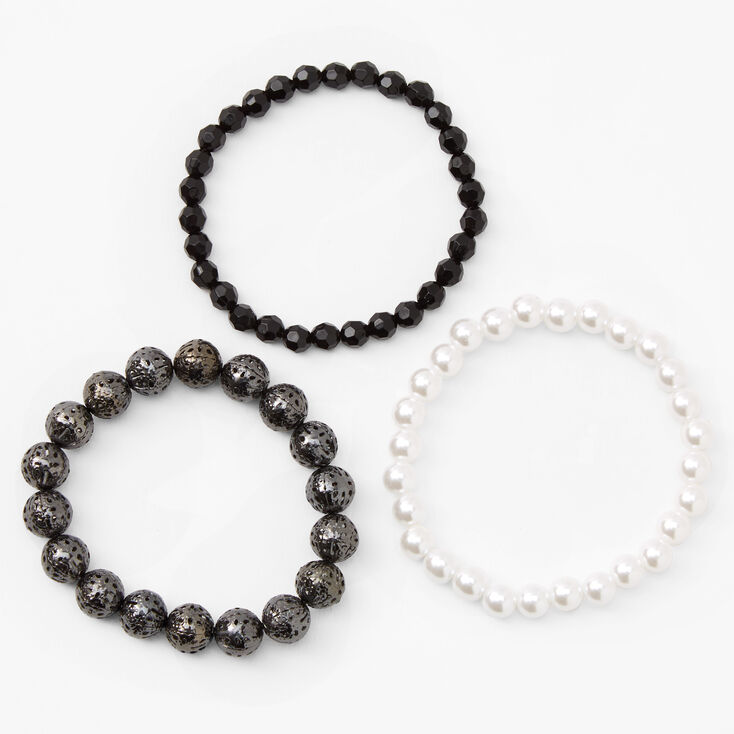 Elegant Jet Black and Pearl Beaded Stretch Bracelet Set - 3 Pack,
