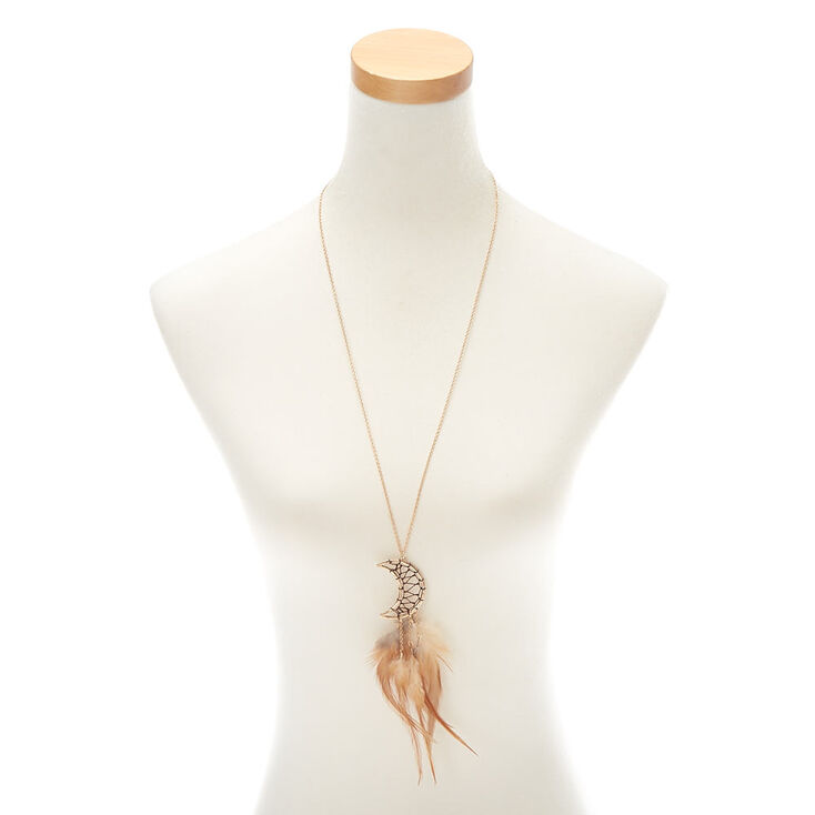 Gold Crescent Moon Feather Long Pendant Necklace,