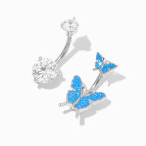 Silver-tone Stainless Steel Cubic Zirconia &amp; Blue Butterfly 14G Belly Bars - 2 Pack,