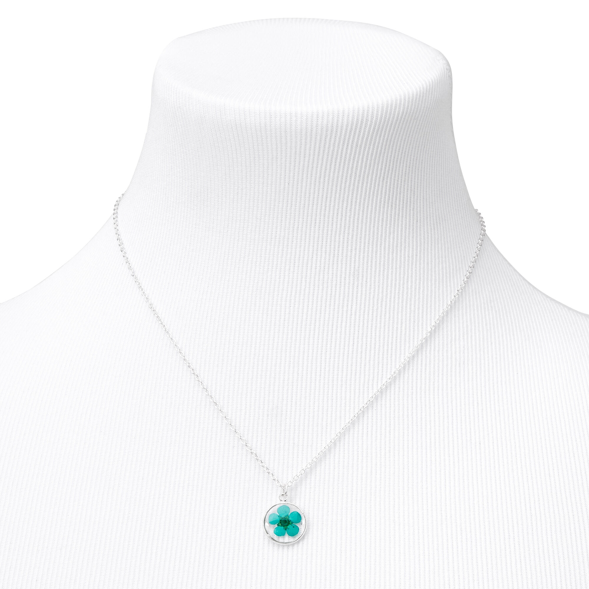 Silver Pressed Flower Pendant Necklace - Mint,