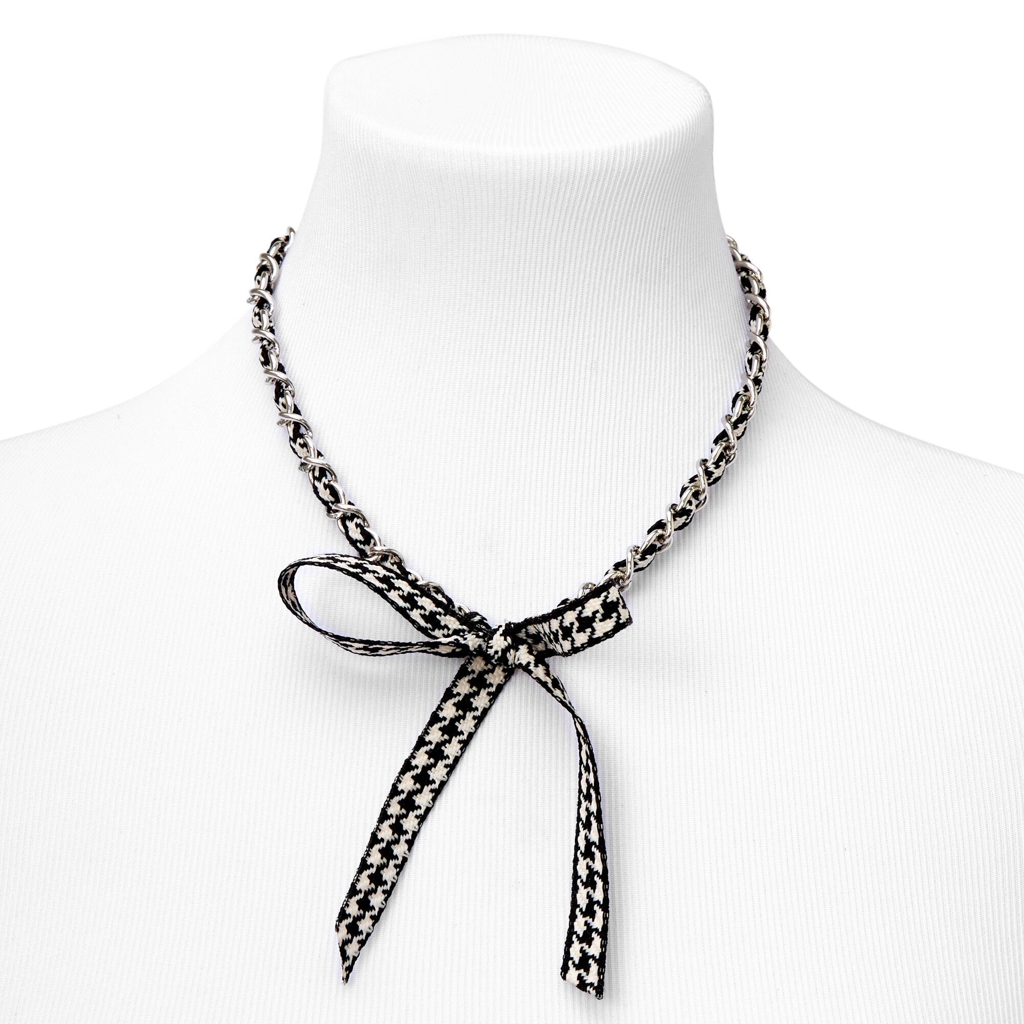 Black & White Gingham Bow Tie Chain Necklace,