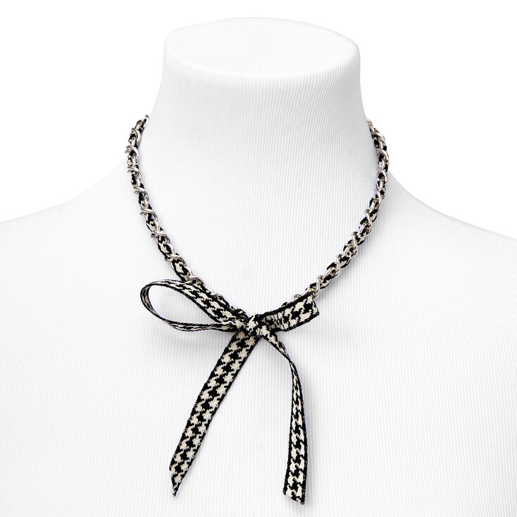 Black &amp; White Gingham Bow Tie Chain Necklace,