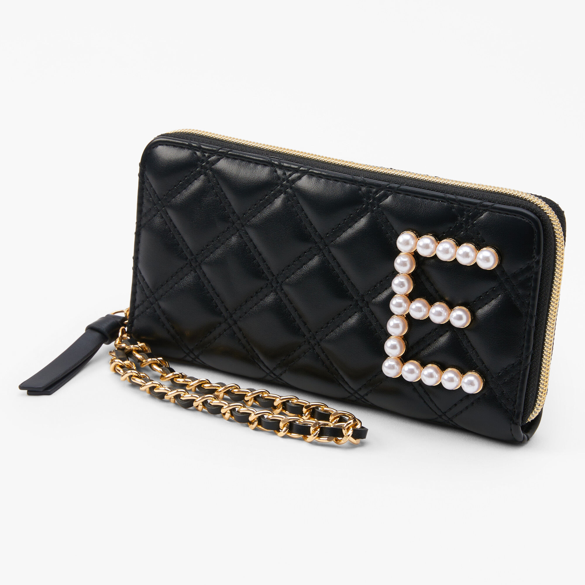 Claire's Pochette poignet à initiale avec perles d’imitation - Noir, E