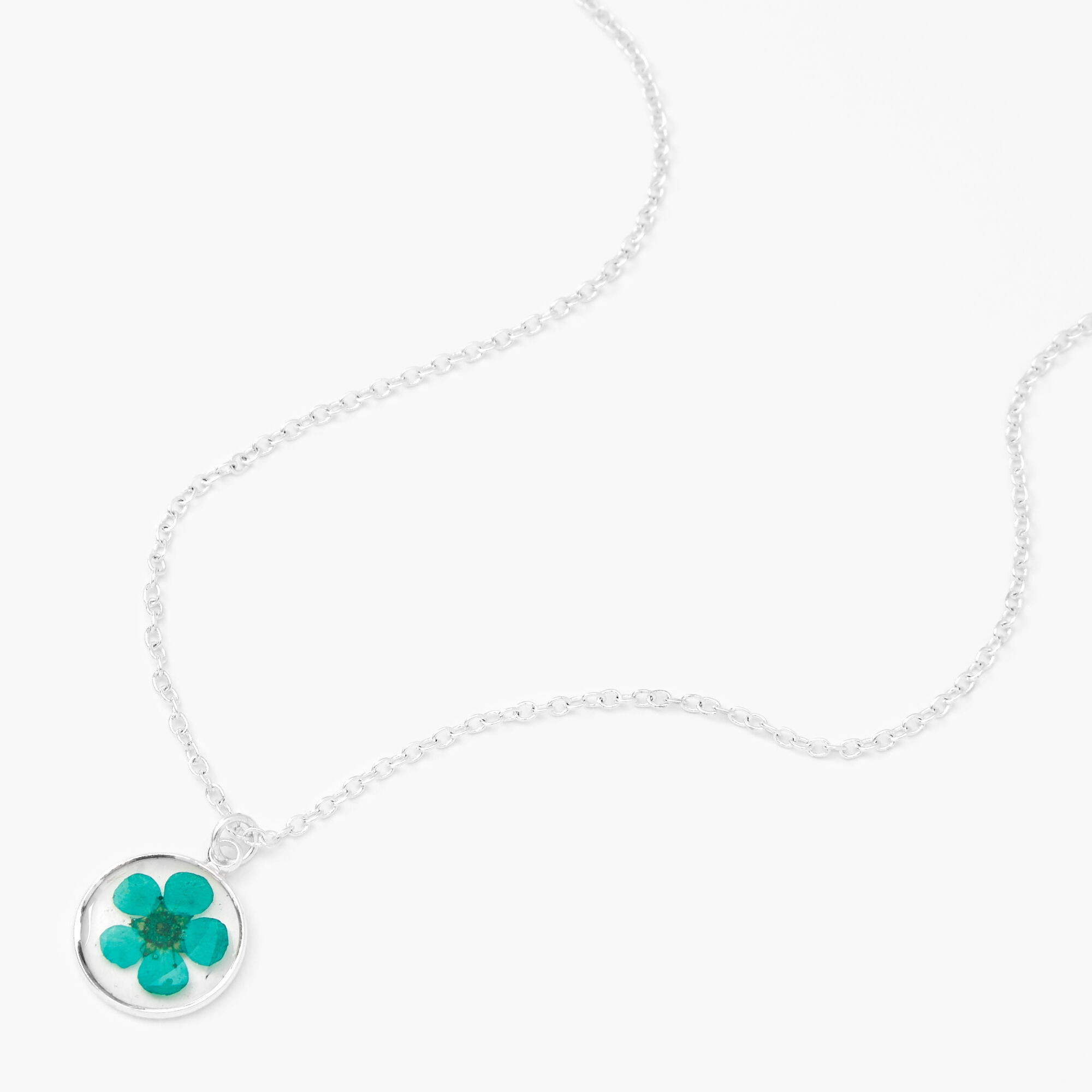 Silver Pressed Flower Pendant Necklace - Mint,